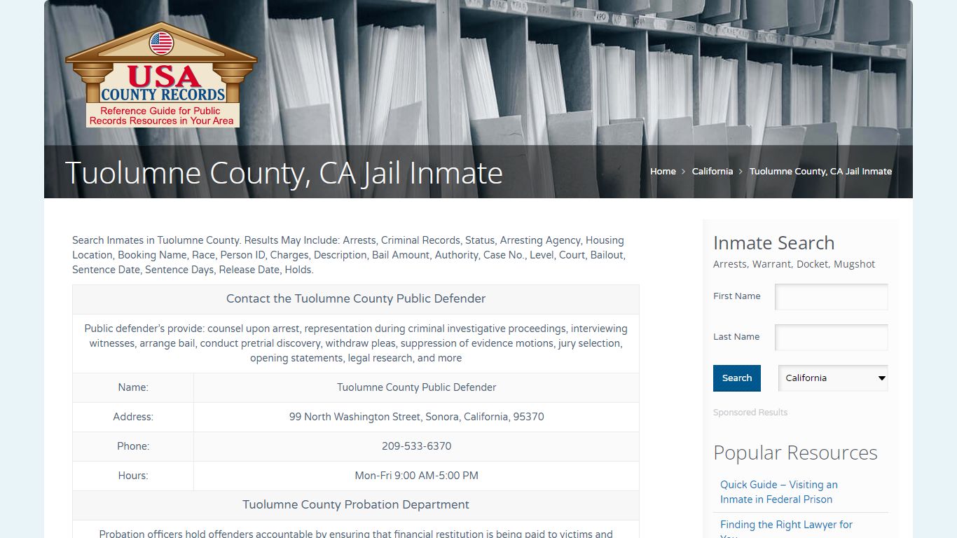 Tuolumne County, CA Jail Inmate | Name Search